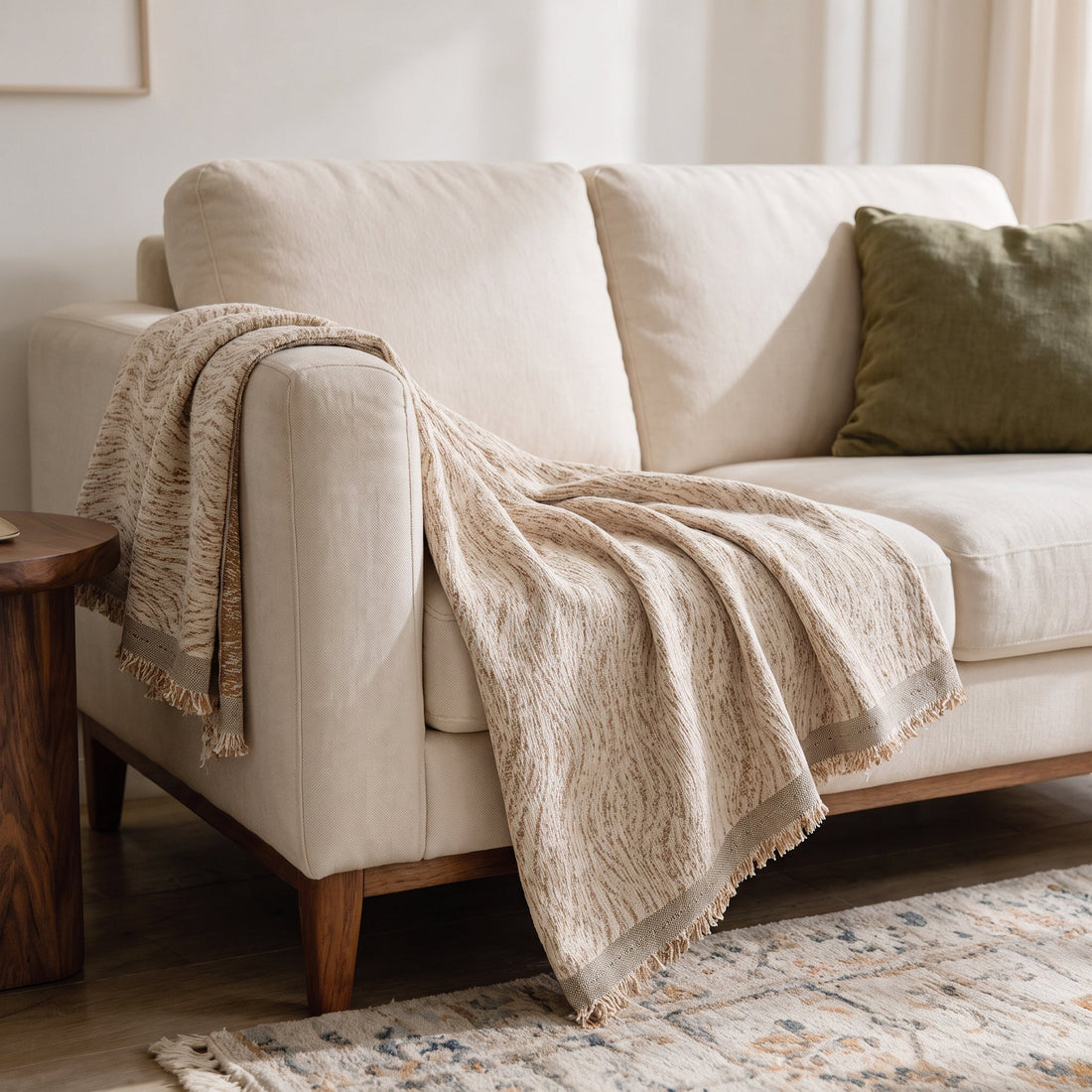 Verano Milk Tea throw: decorative sofa-arm drape.