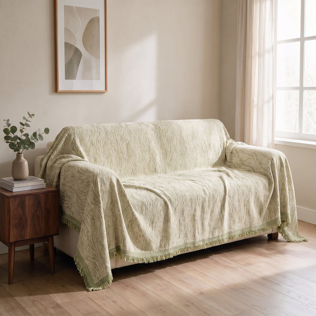 Verano Green throw: draped across a sofa.