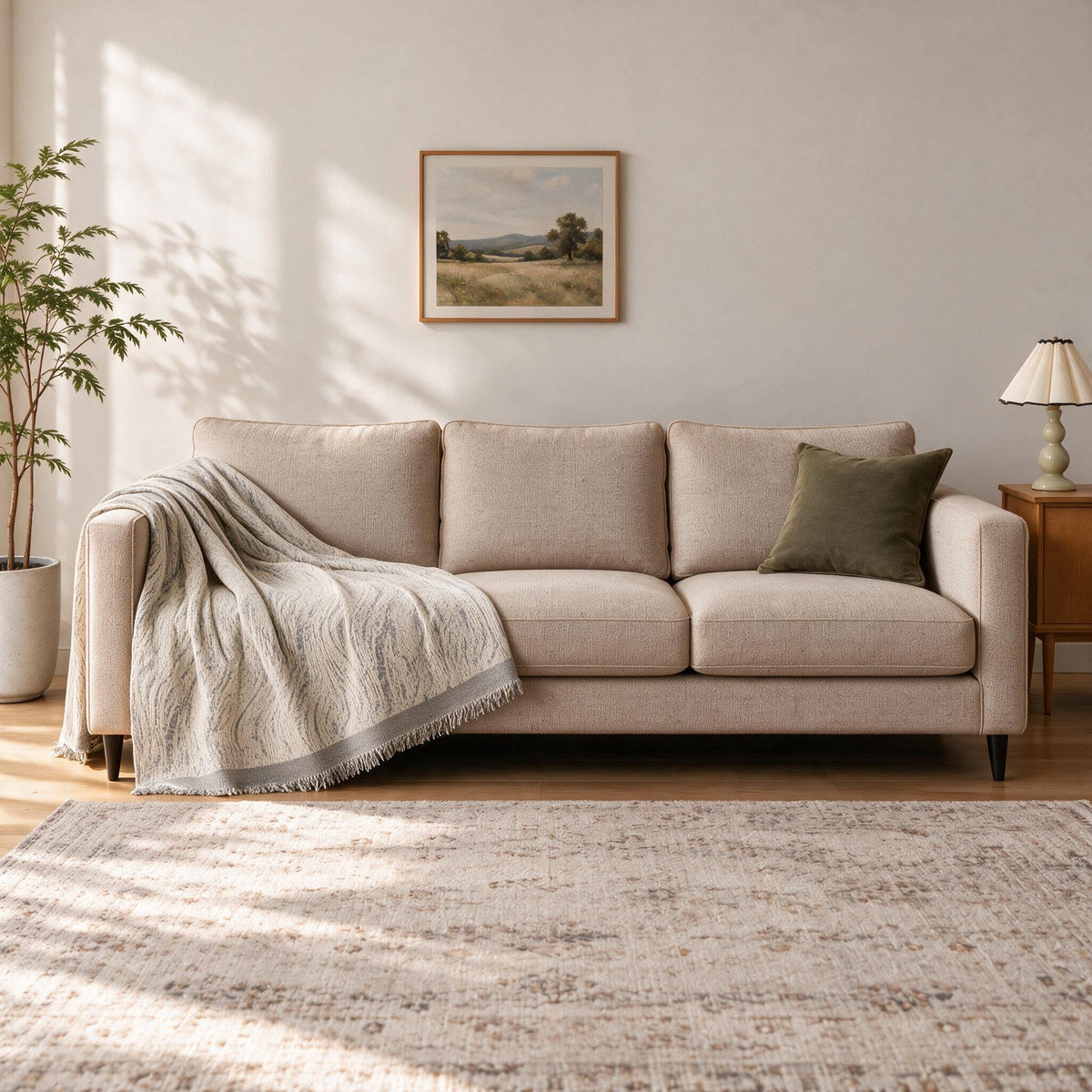 Accent Throw: illustrative throw styling on the same three-seat sofa
