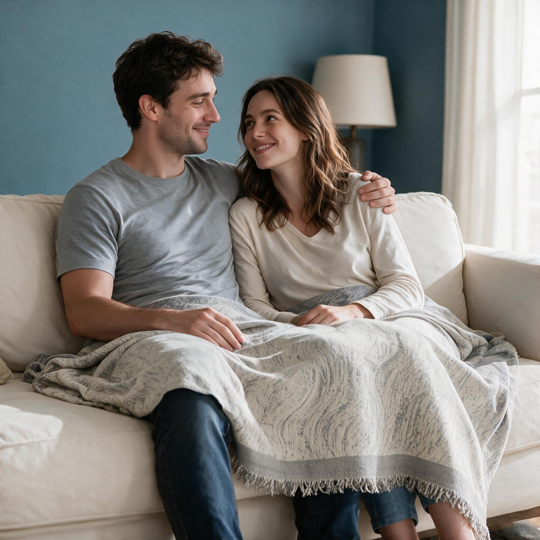 Verano Space Grey throw: shared over a couple’s laps and legs.
