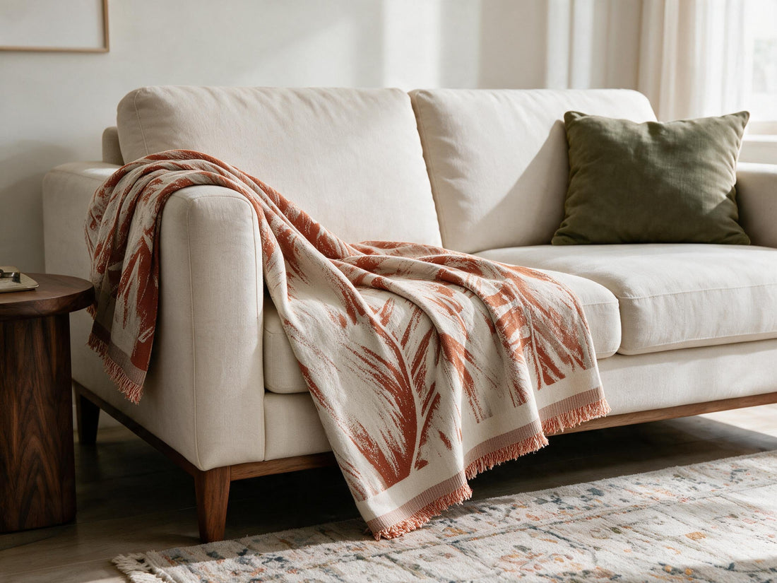 Yeluxe Terracotta throw: decorative sofa-arm drape.