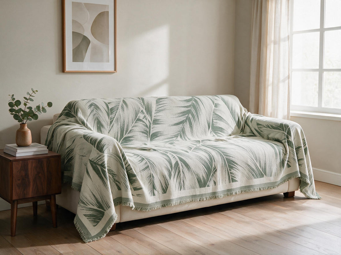Yeluxe Sage throw: draped across a sofa.