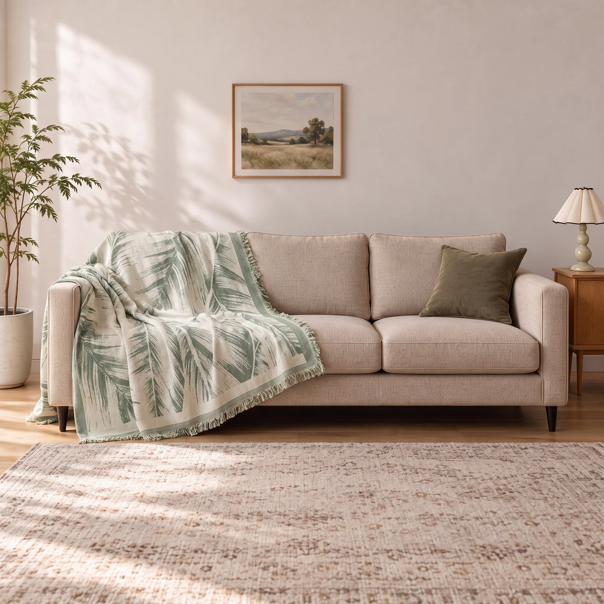 Accent Throw: illustrative throw styling on the same three-seat sofa