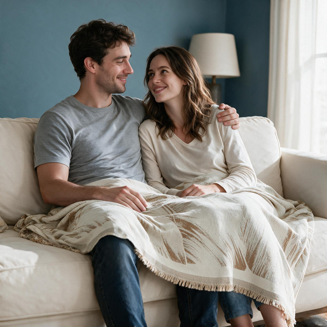 Yeluxe Beige throw: shared over a couple’s laps and legs.