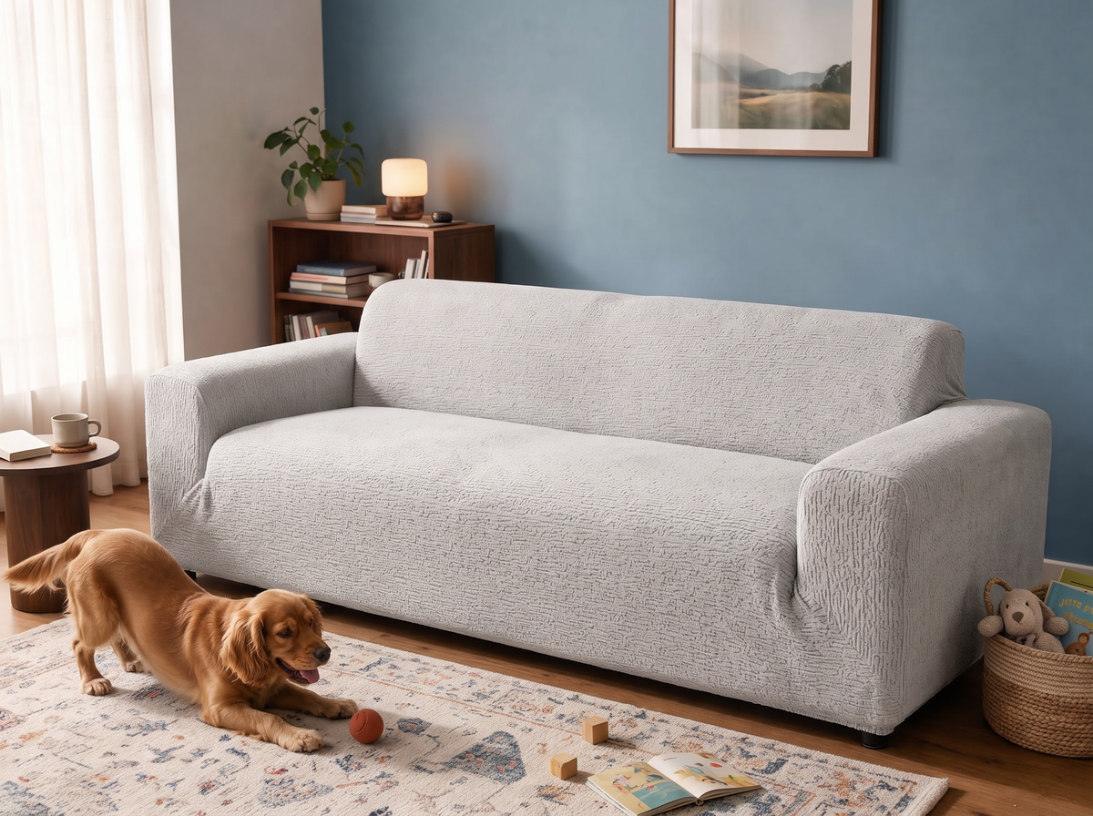Veloura in Cloud Grey removable couch cover in the after-comparison scene, with a playful golden dog.