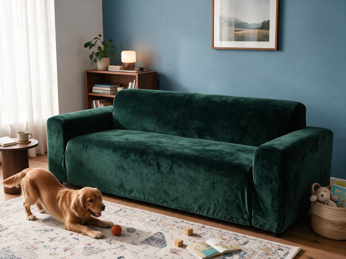 Velvet in Dark Green removable couch cover in the after-comparison scene, with a playful golden dog.