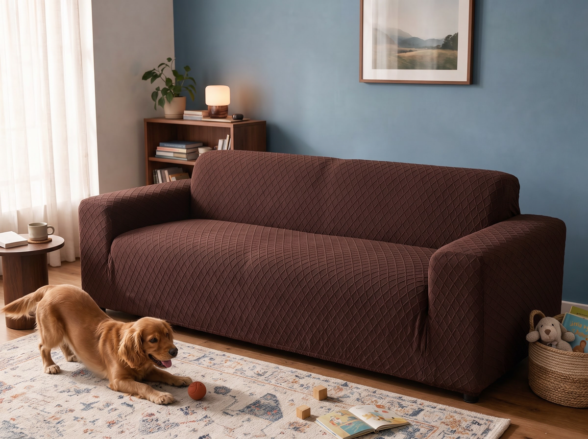 Diamond Jacquard in Brown removable couch cover in the after-comparison scene, with a playful golden dog.