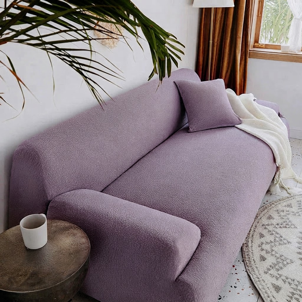 Housse de canapé extensible imperméable violet taro en gaze à bulles, vue de côté dans un salon