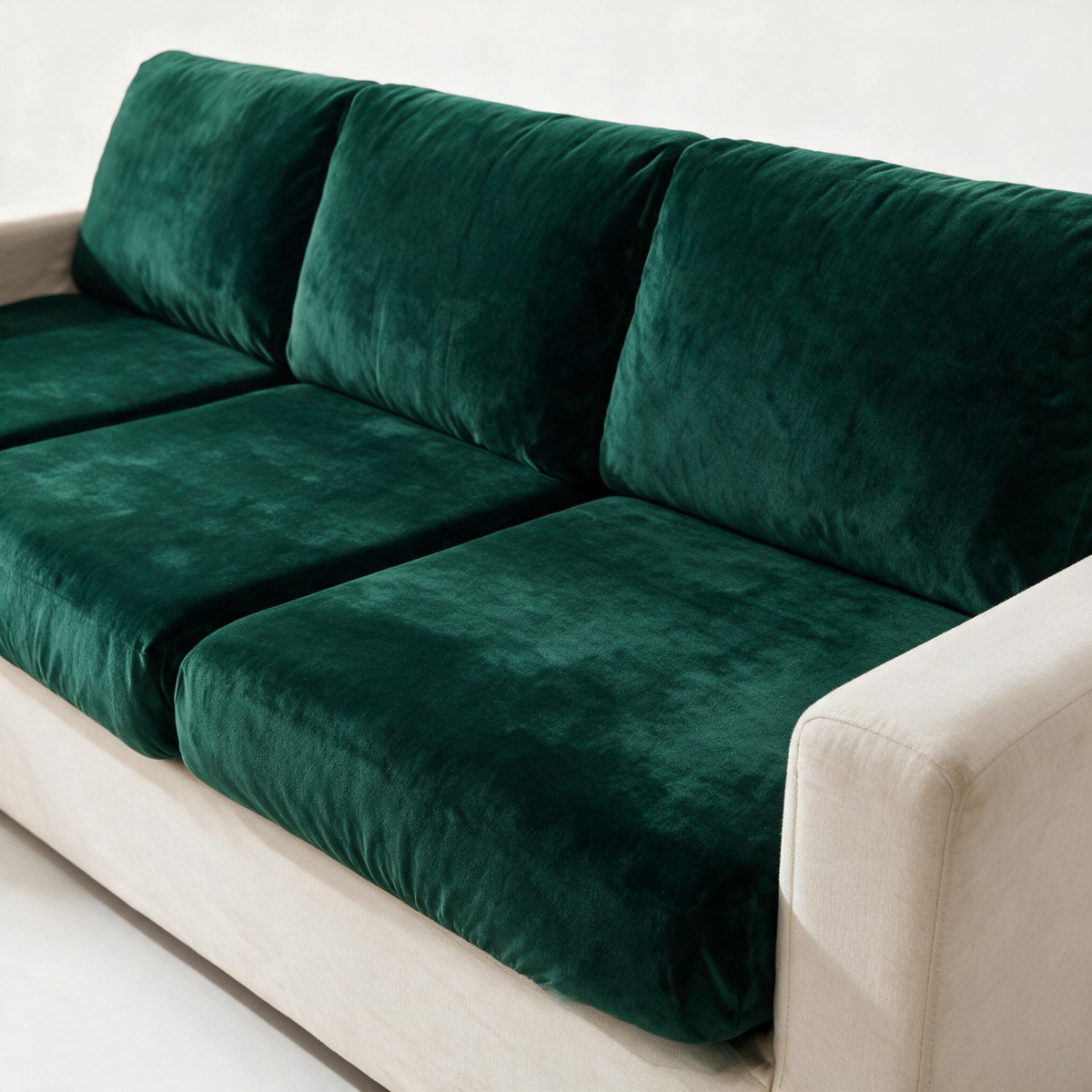 Dark green velvet cushion covers — The fabric and fit, closer