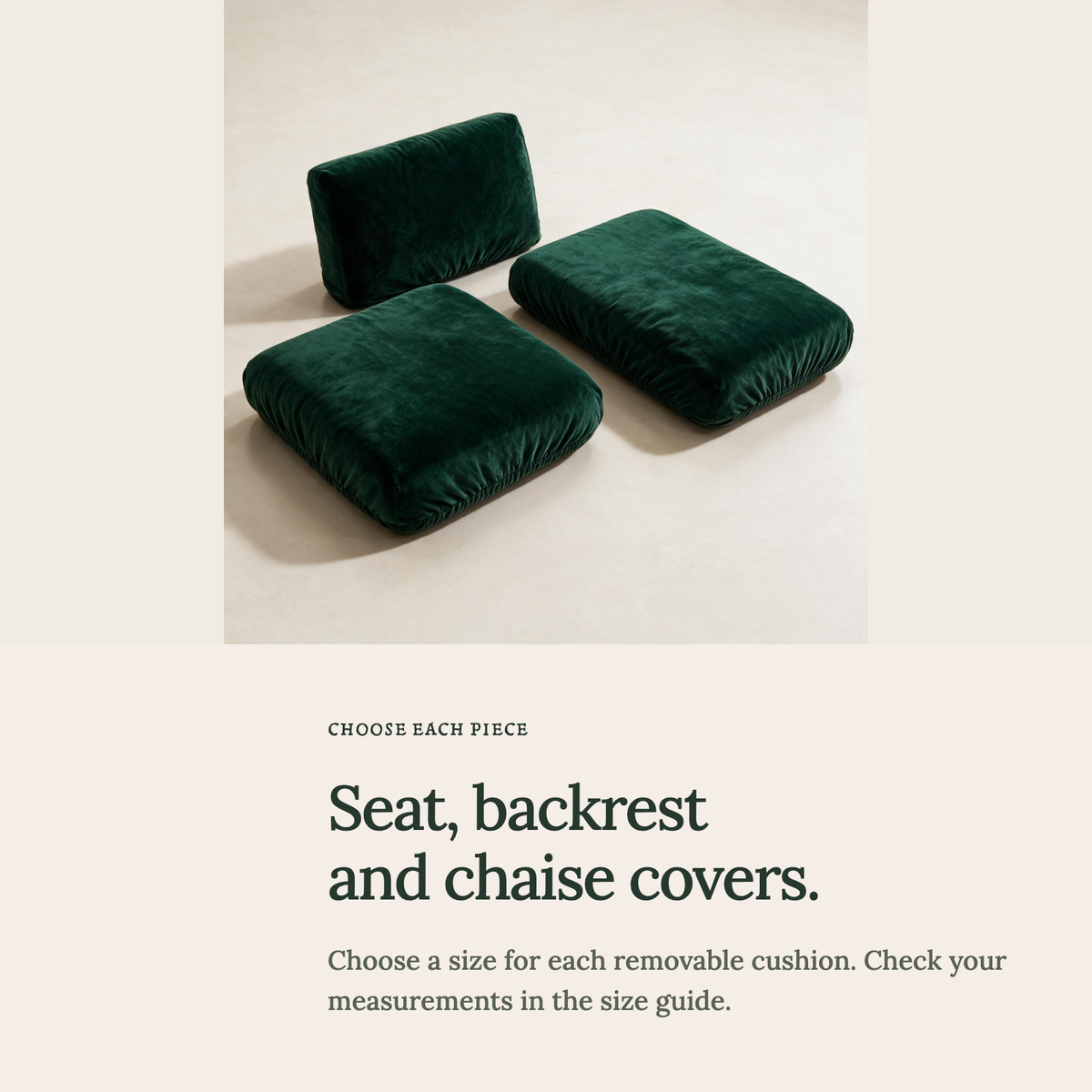Dark green velvet cushion covers — Seat, backrest and chaise covers.