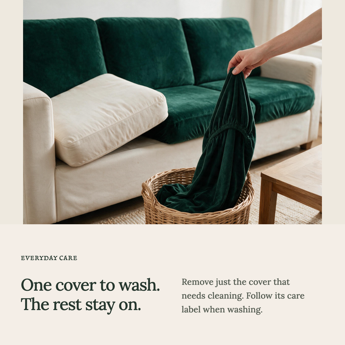 Dark green velvet cushion covers — One cover to wash. The rest stay on.