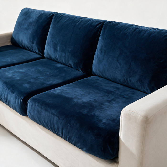 Velvet Navy Blue fitted sofa cushion covers — The fabric and fit, closer