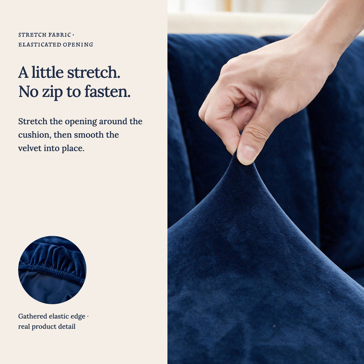 Velvet Navy Blue fitted sofa cushion covers — A little stretch. No zip to fasten.