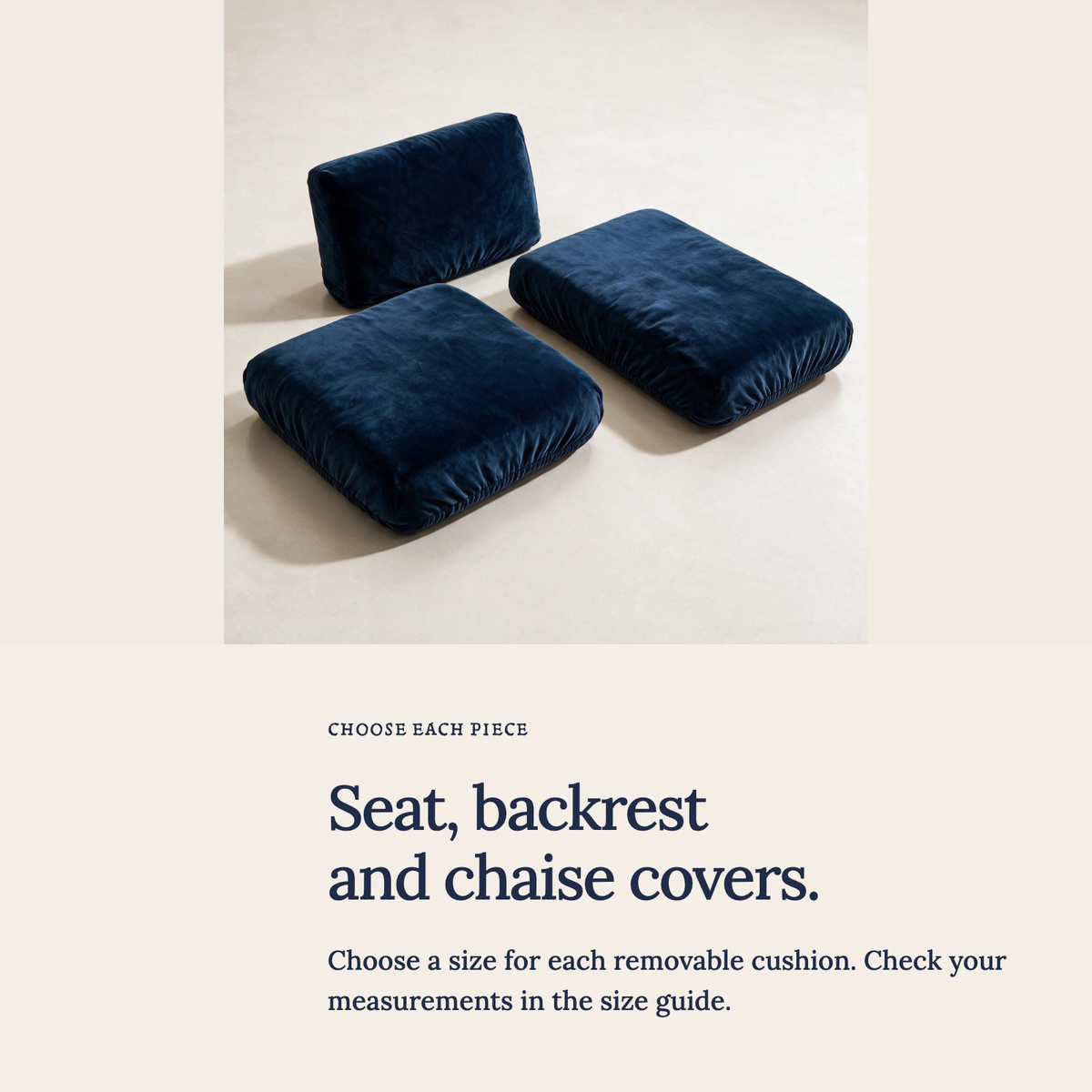 Velvet Navy Blue fitted sofa cushion covers — Seat, backrest and chaise covers.