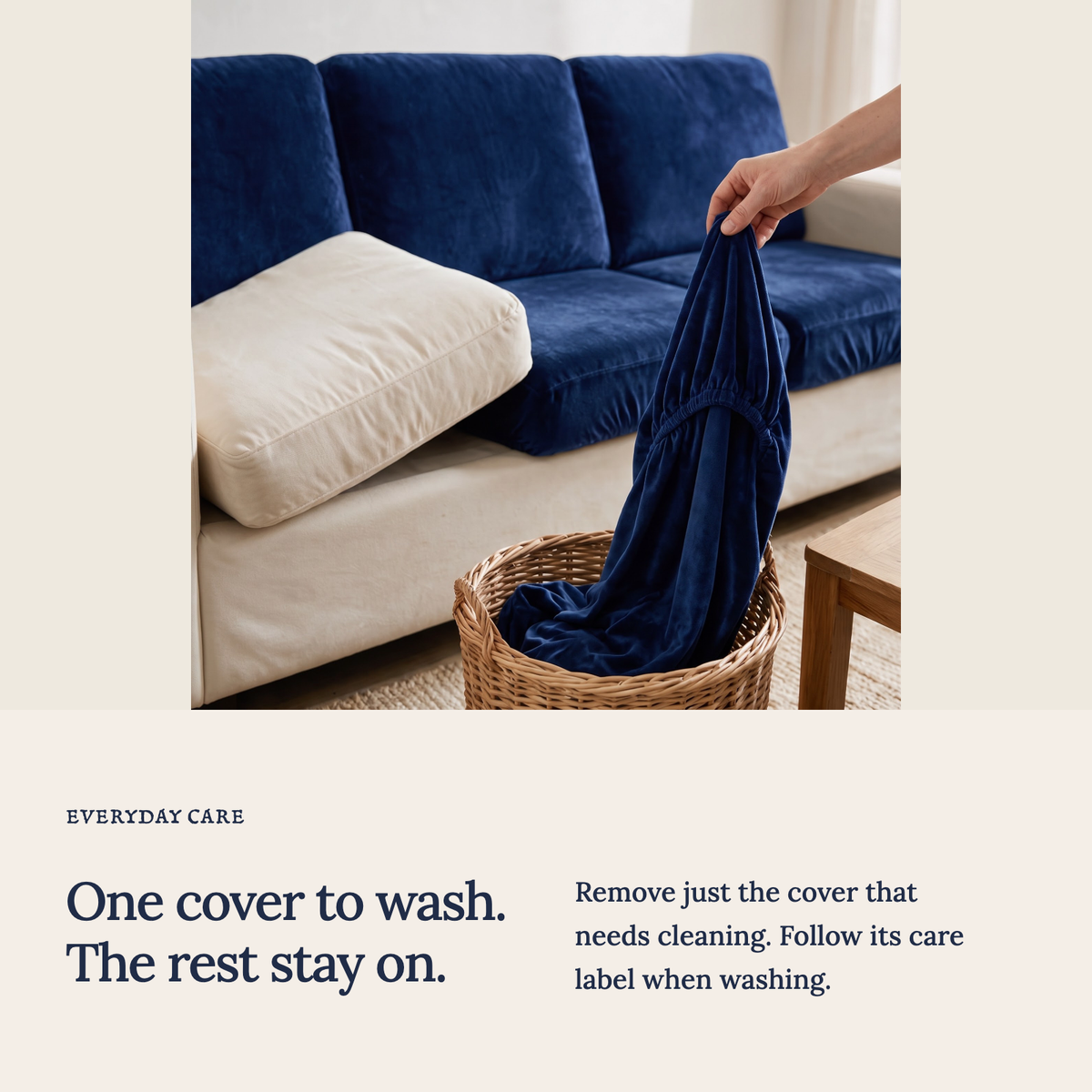 Velvet Navy Blue fitted sofa cushion covers — One cover to wash. The rest stay on.