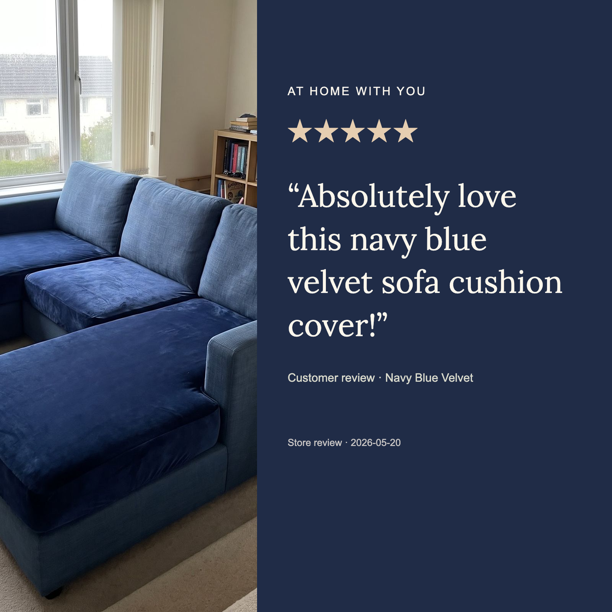 Customer review of Velvet Navy Blue fitted sofa cushion covers, 5 stars