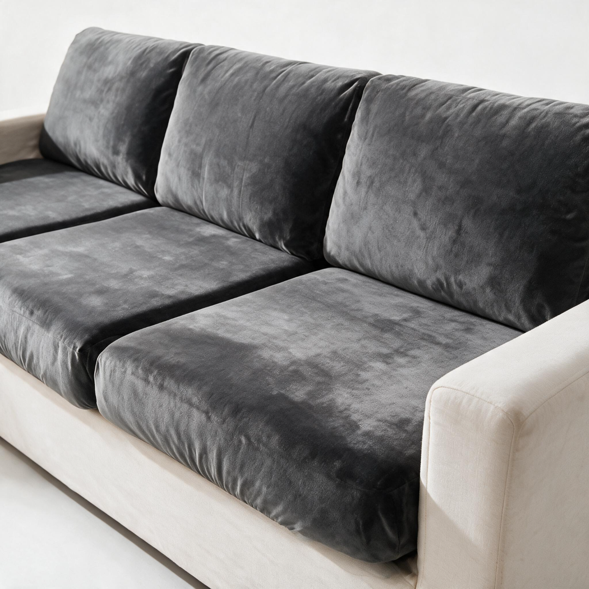 Velvet Grey fitted sofa cushion covers — The fabric and fit, closer