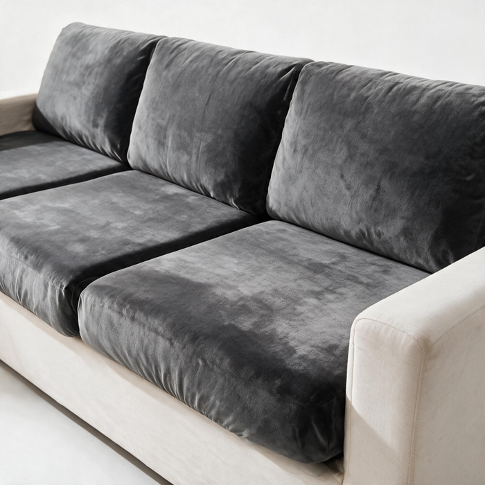 Velvet Grey fitted sofa cushion covers — The fabric and fit, closer