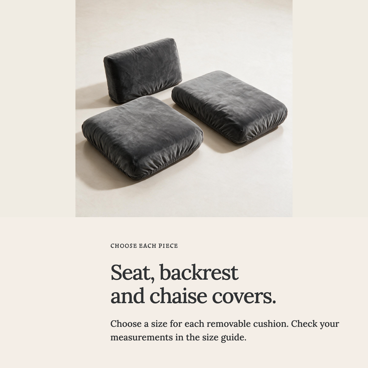 Velvet Grey fitted sofa cushion covers — Seat, backrest and chaise covers.