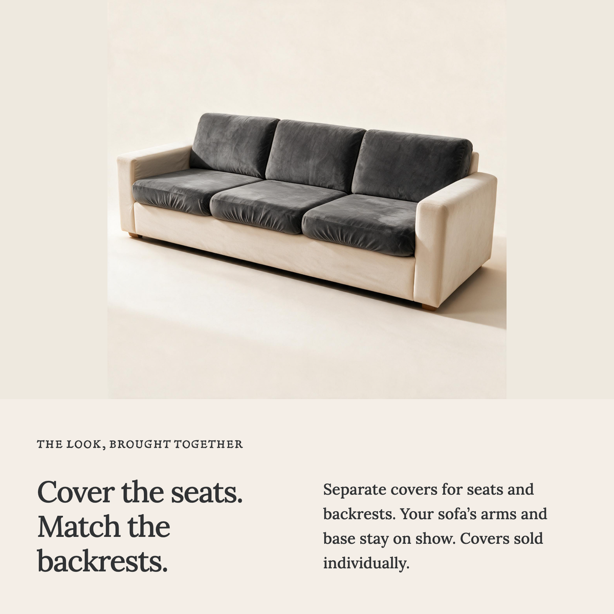 Velvet Grey fitted sofa cushion covers — Cover the seats. Match the backrests.