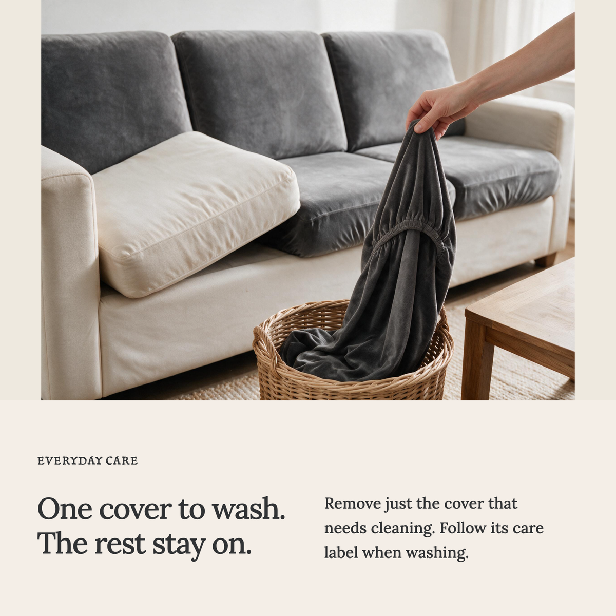 Velvet Grey fitted sofa cushion covers — One cover to wash. The rest stay on.