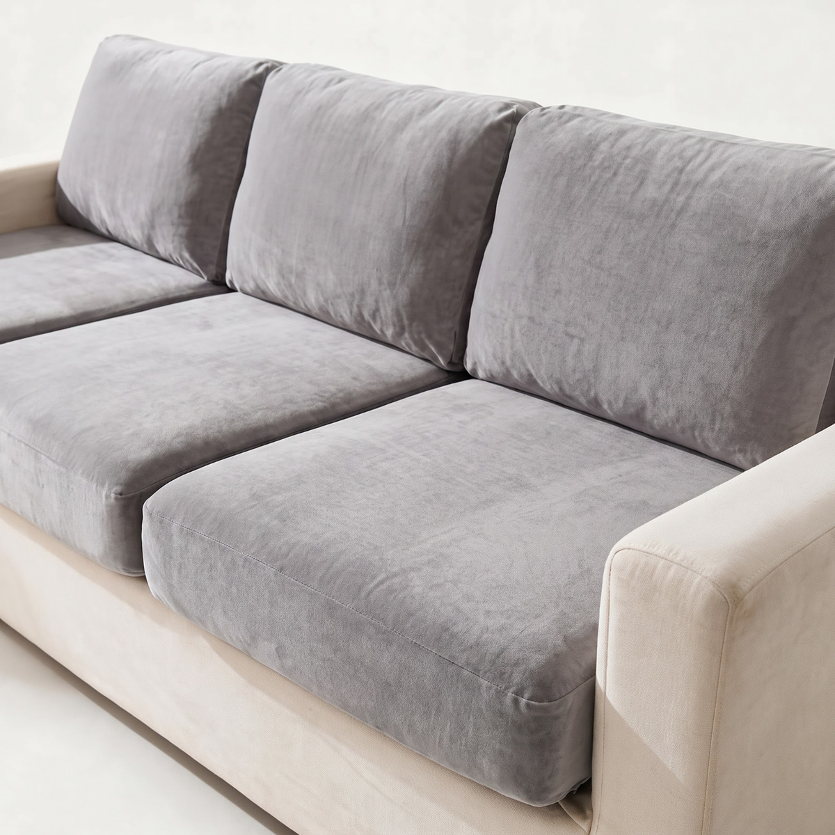 Velvet Light Grey fitted sofa cushion covers — The fabric and fit, closer