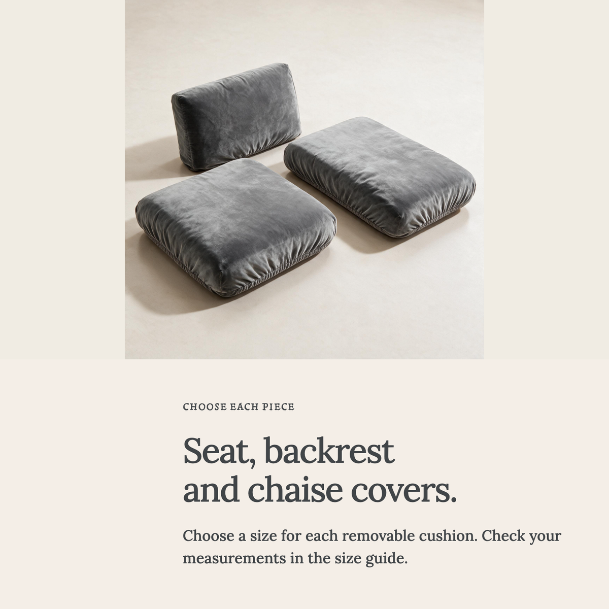 Velvet Light Grey fitted sofa cushion covers — Seat, backrest and chaise covers.