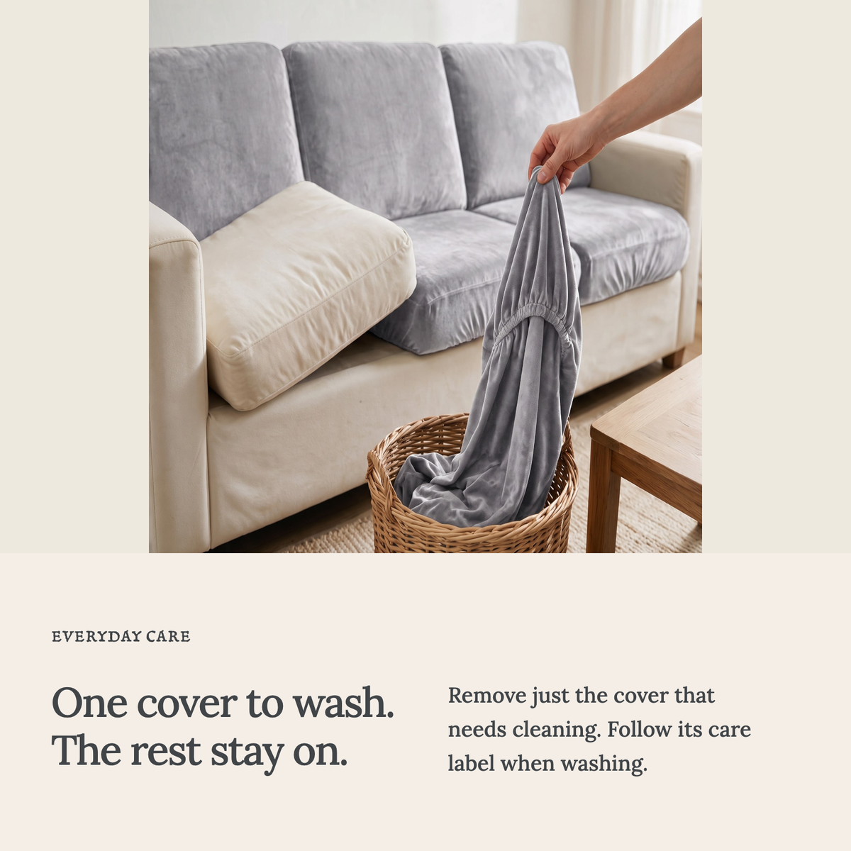 Velvet Light Grey fitted sofa cushion covers — One cover to wash. The rest stay on.
