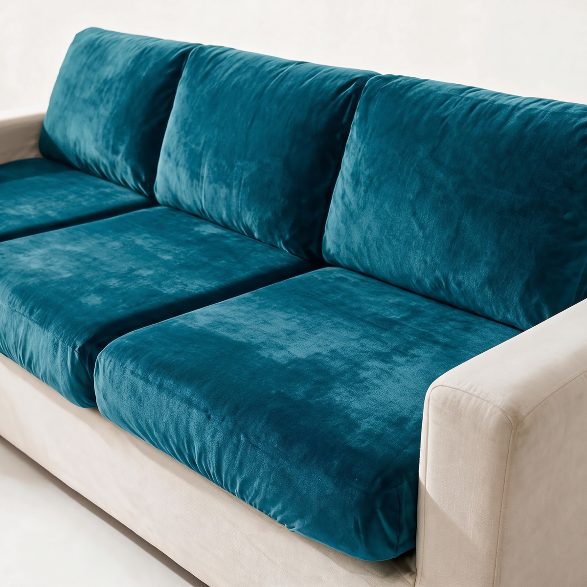 Velvet Lake Blue fitted sofa cushion covers — The fabric and fit, closer
