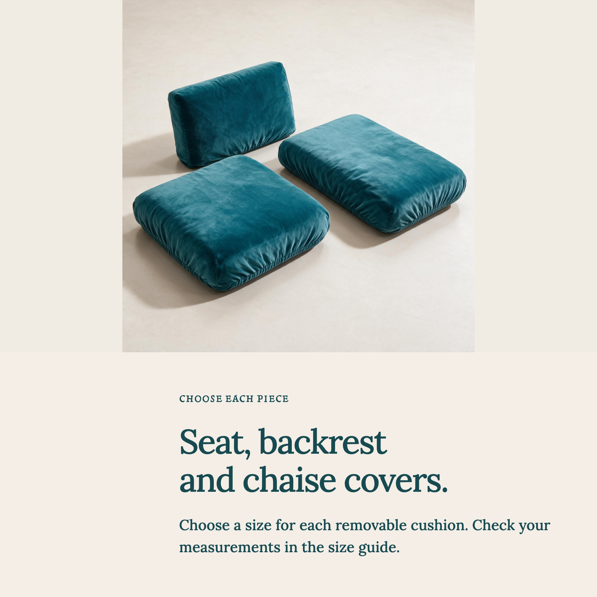Velvet Lake Blue fitted sofa cushion covers — Seat, backrest and chaise covers.