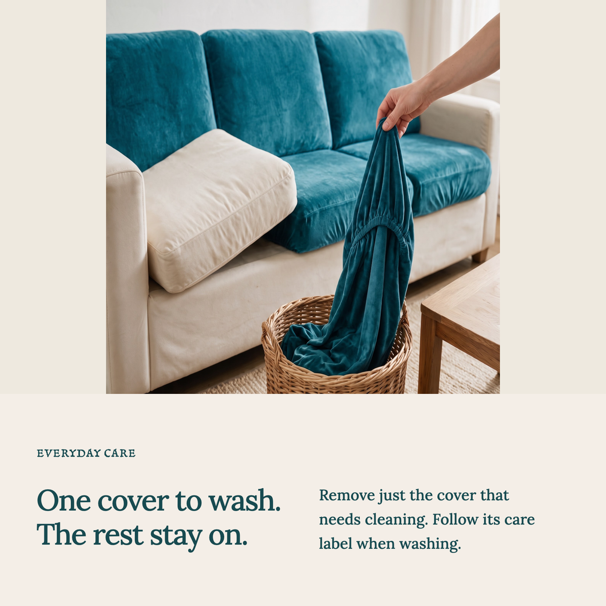 Velvet Lake Blue fitted sofa cushion covers — One cover to wash. The rest stay on.