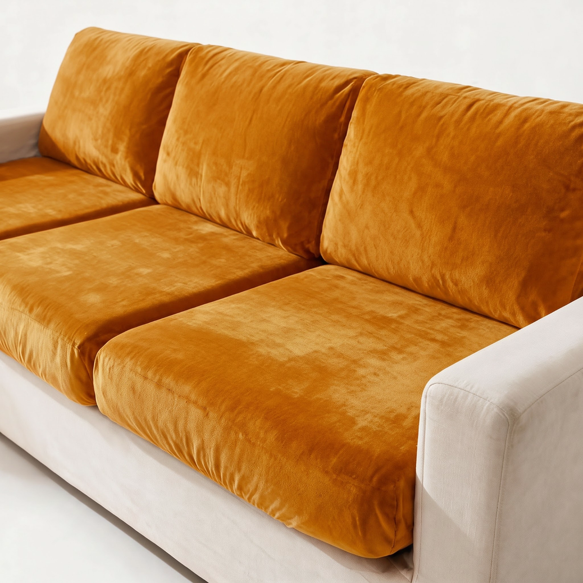 Velvet Orange fitted sofa cushion covers — The fabric and fit, closer