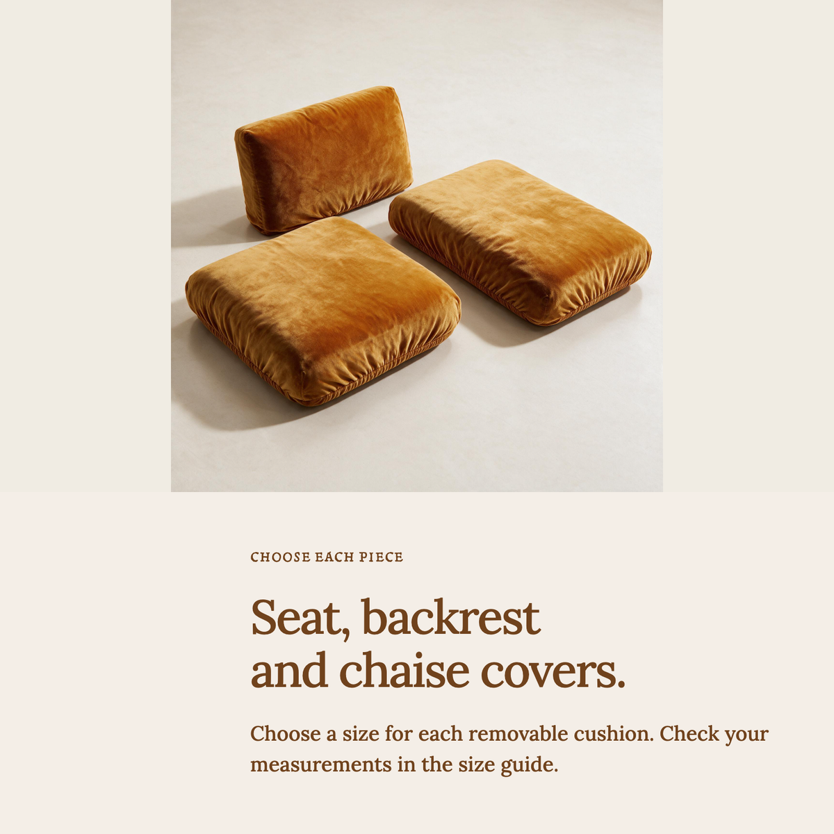 Velvet Orange fitted sofa cushion covers — Seat, backrest and chaise covers.