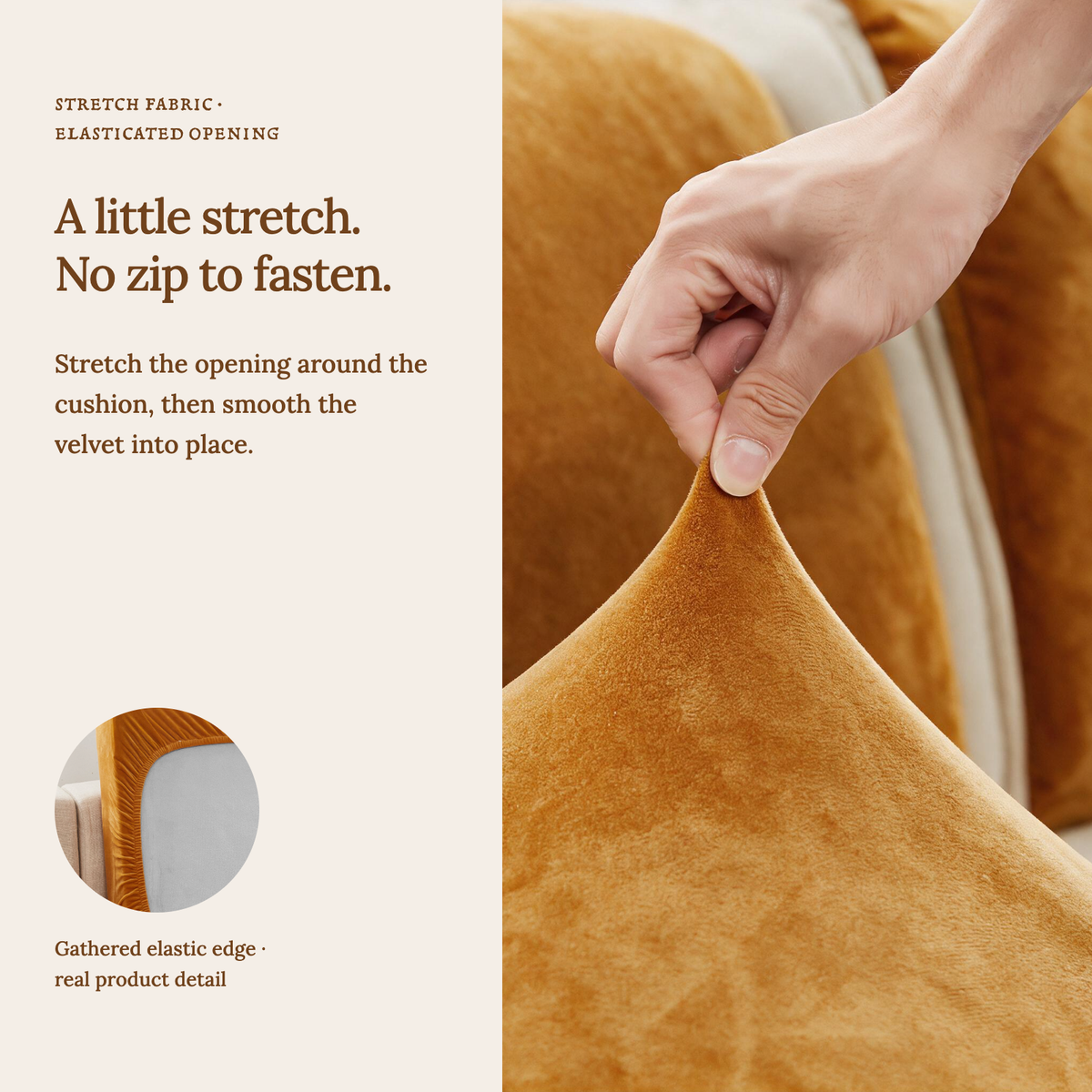 Velvet Orange fitted sofa cushion covers — A little stretch. No zip to fasten.