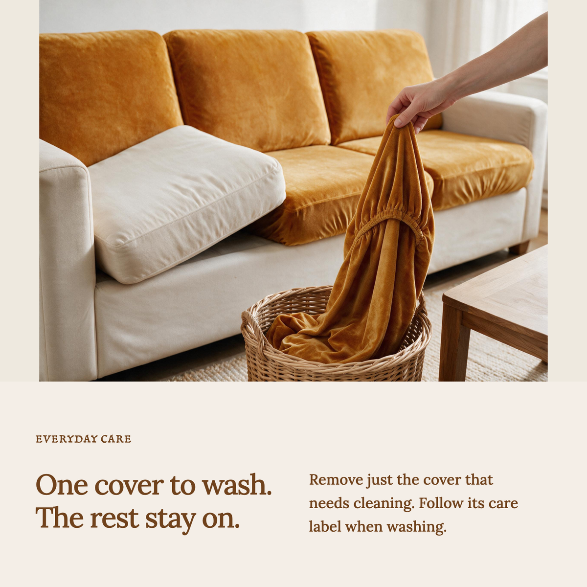 Velvet Orange fitted sofa cushion covers — One cover to wash. The rest stay on.