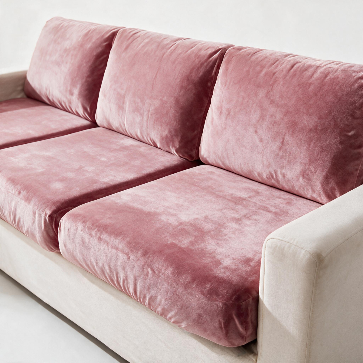Velvet Pink fitted sofa cushion covers — The fabric and fit, closer