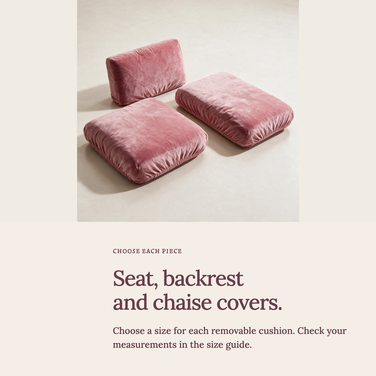 Velvet Pink fitted sofa cushion covers — Seat, backrest and chaise covers.