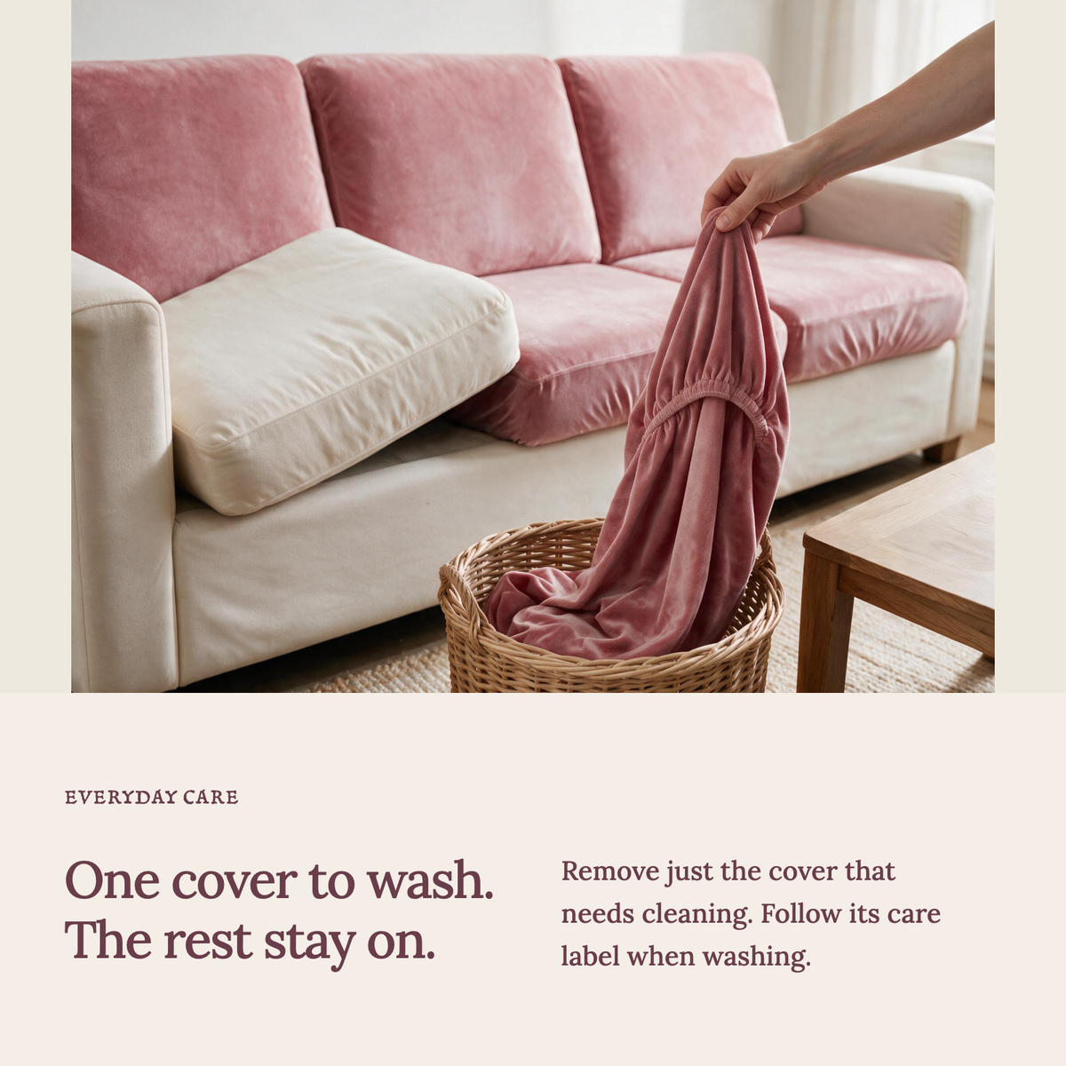 Velvet Pink fitted sofa cushion covers — One cover to wash. The rest stay on.