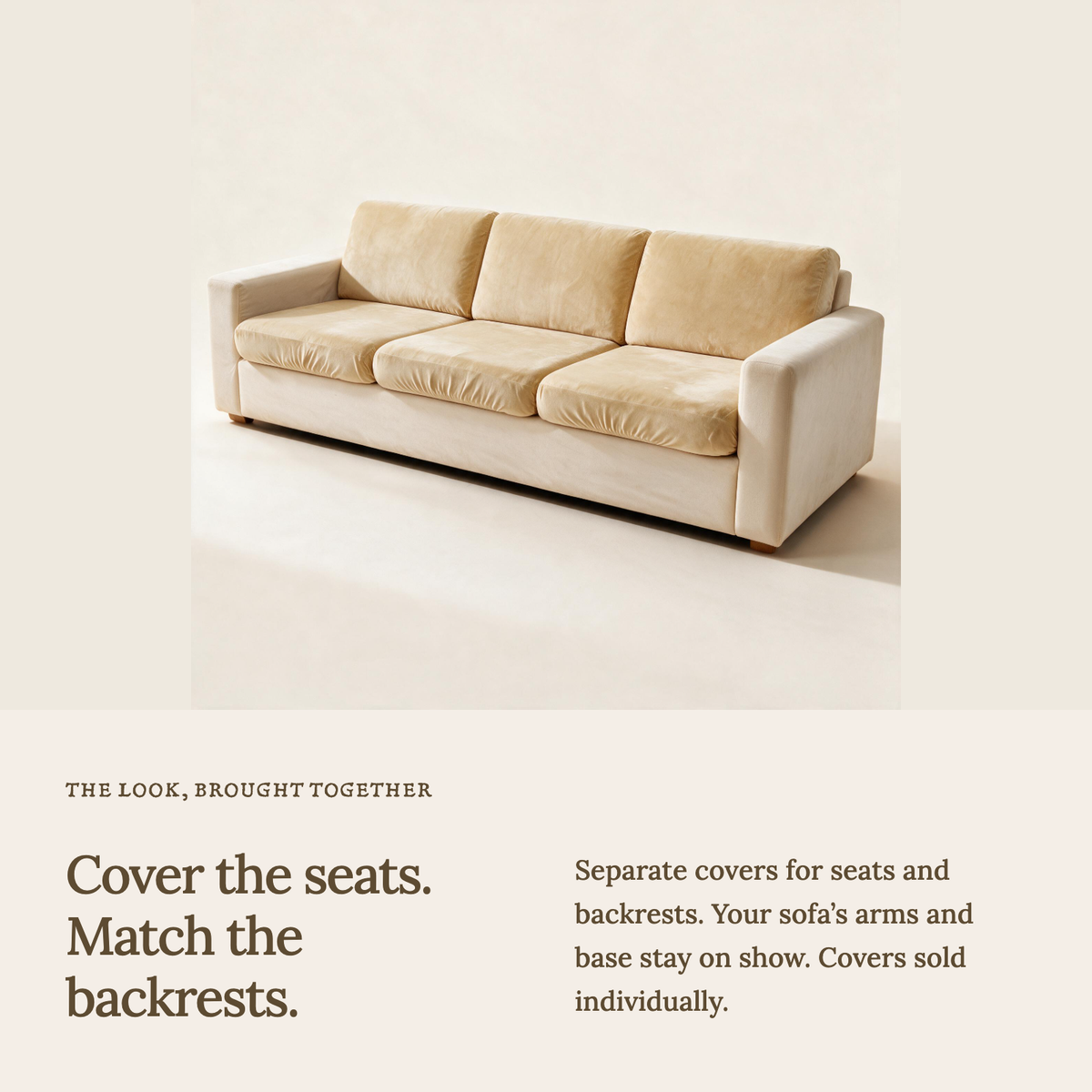 Velvet Beige fitted sofa cushion covers — Cover the seats. Match the backrests.
