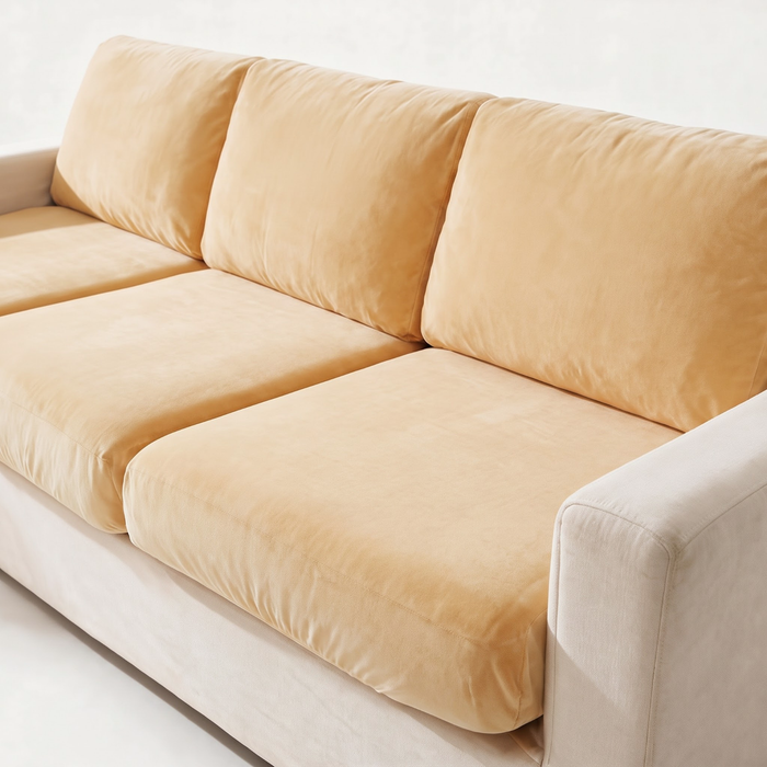 Velvet Beige fitted sofa cushion covers — The fabric and fit, closer