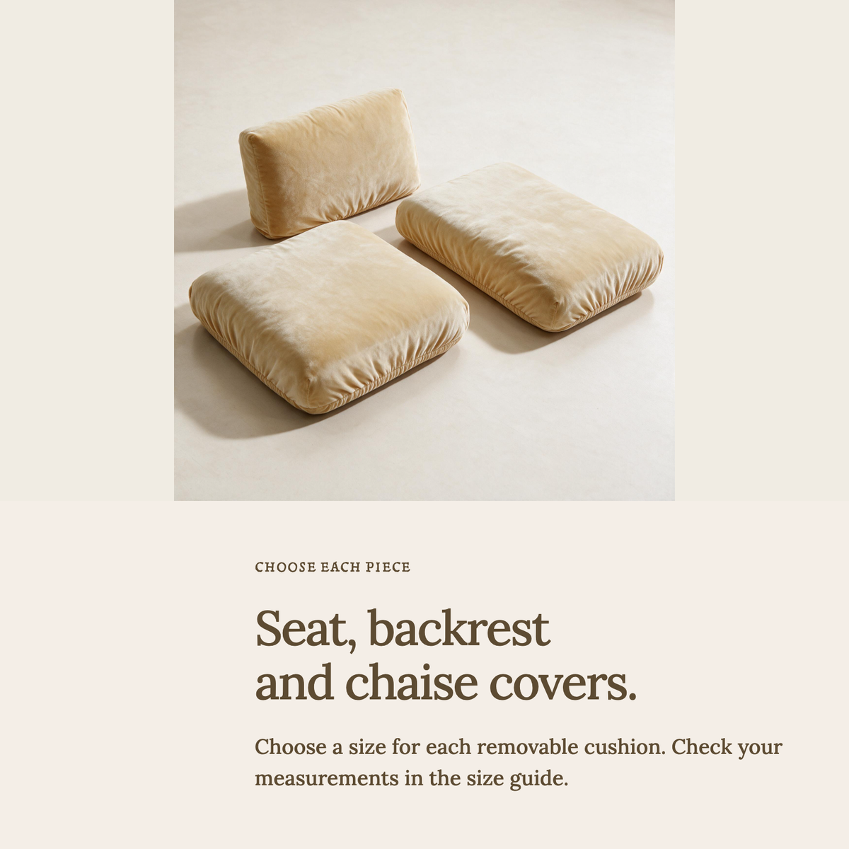 Velvet Beige fitted sofa cushion covers — Seat, backrest and chaise covers.