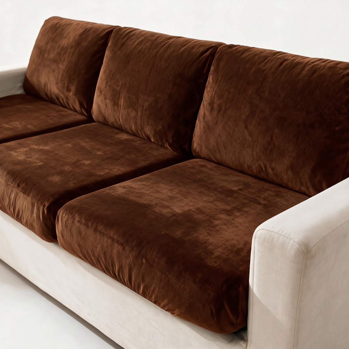 Velvet Brown fitted sofa cushion covers — The fabric and fit, closer