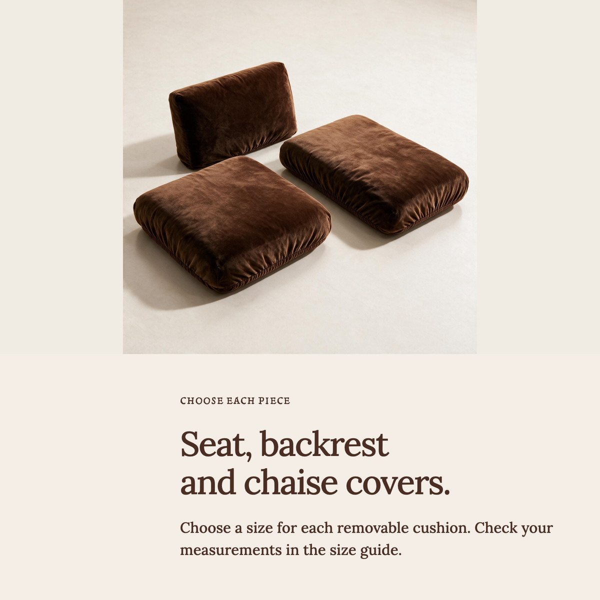 Velvet Brown fitted sofa cushion covers — Seat, backrest and chaise covers.