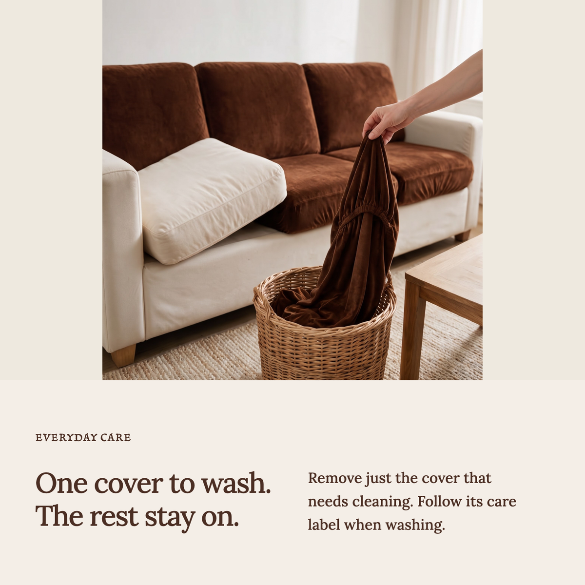 Velvet Brown fitted sofa cushion covers — One cover to wash. The rest stay on.