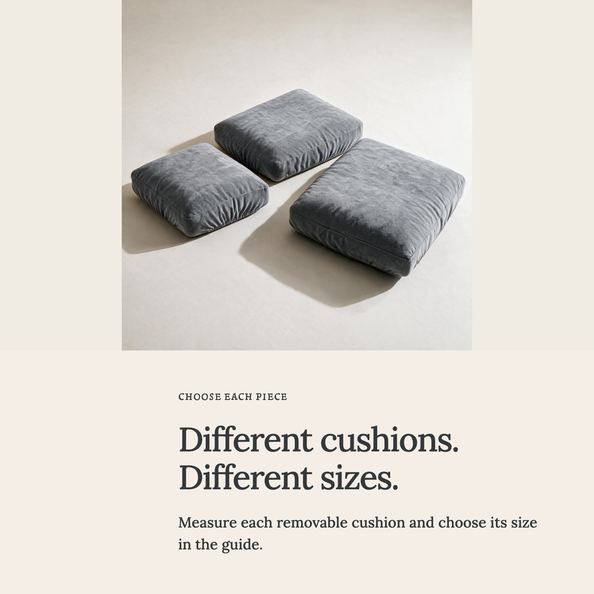 Luma Neutral Grey fitted sofa cushion covers — Choose the right cushion size