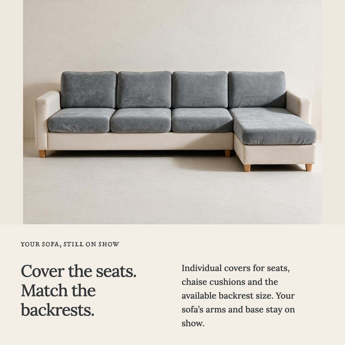 Luma Neutral Grey fitted sofa cushion covers — Cushion-only coverage