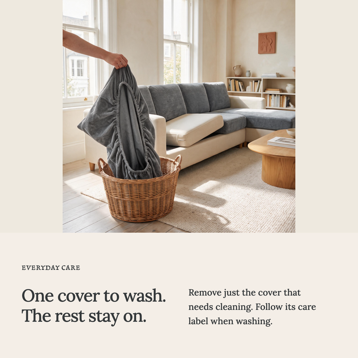 Luma Neutral Grey fitted sofa cushion covers — One cover to wash. The rest stay on.