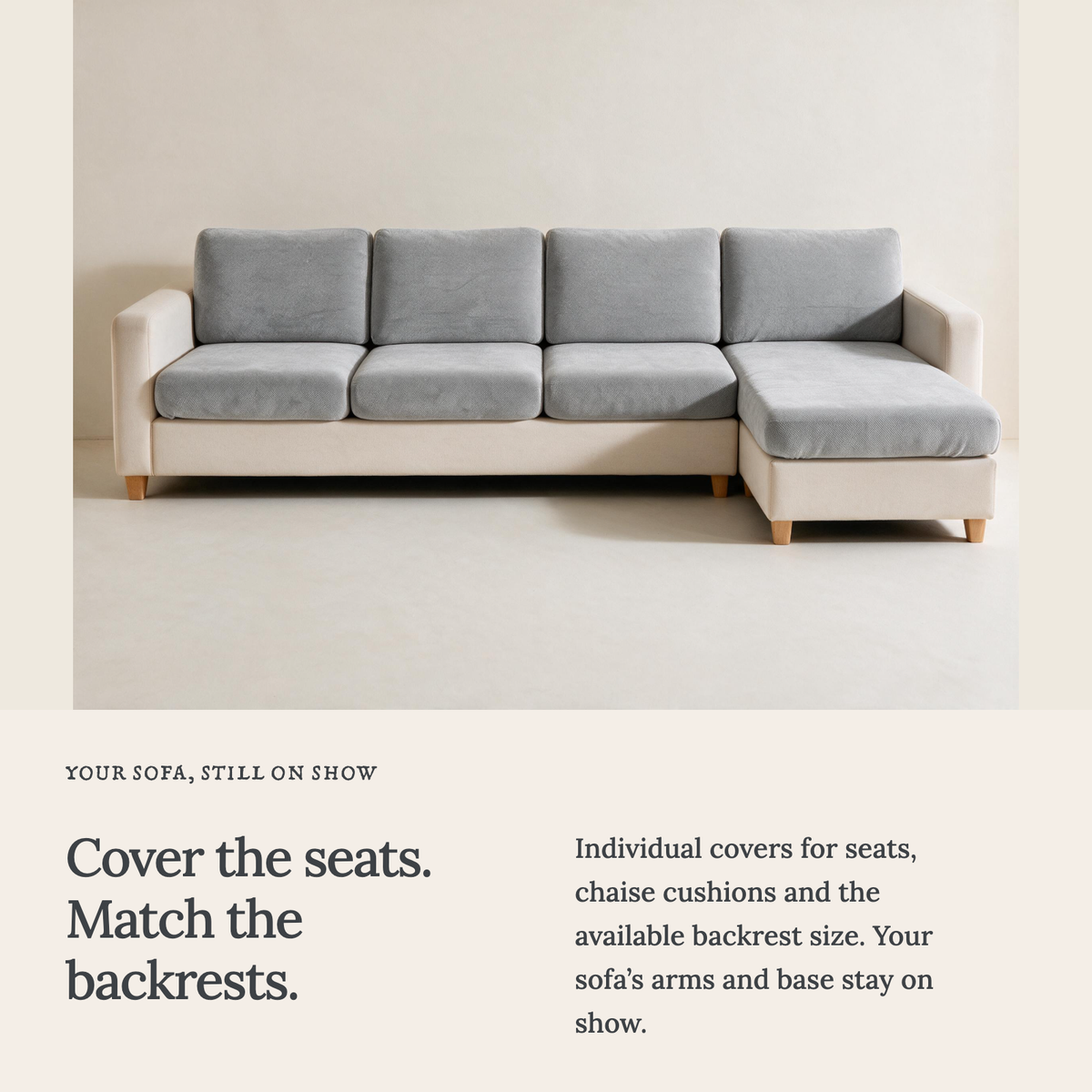 Luma Light Grey fitted sofa cushion covers — Cushion-only coverage