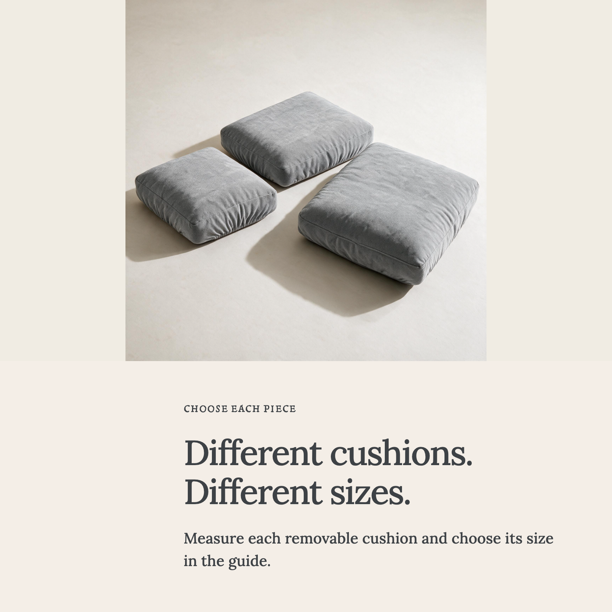 Luma Light Grey fitted sofa cushion covers — Choose the right cushion size