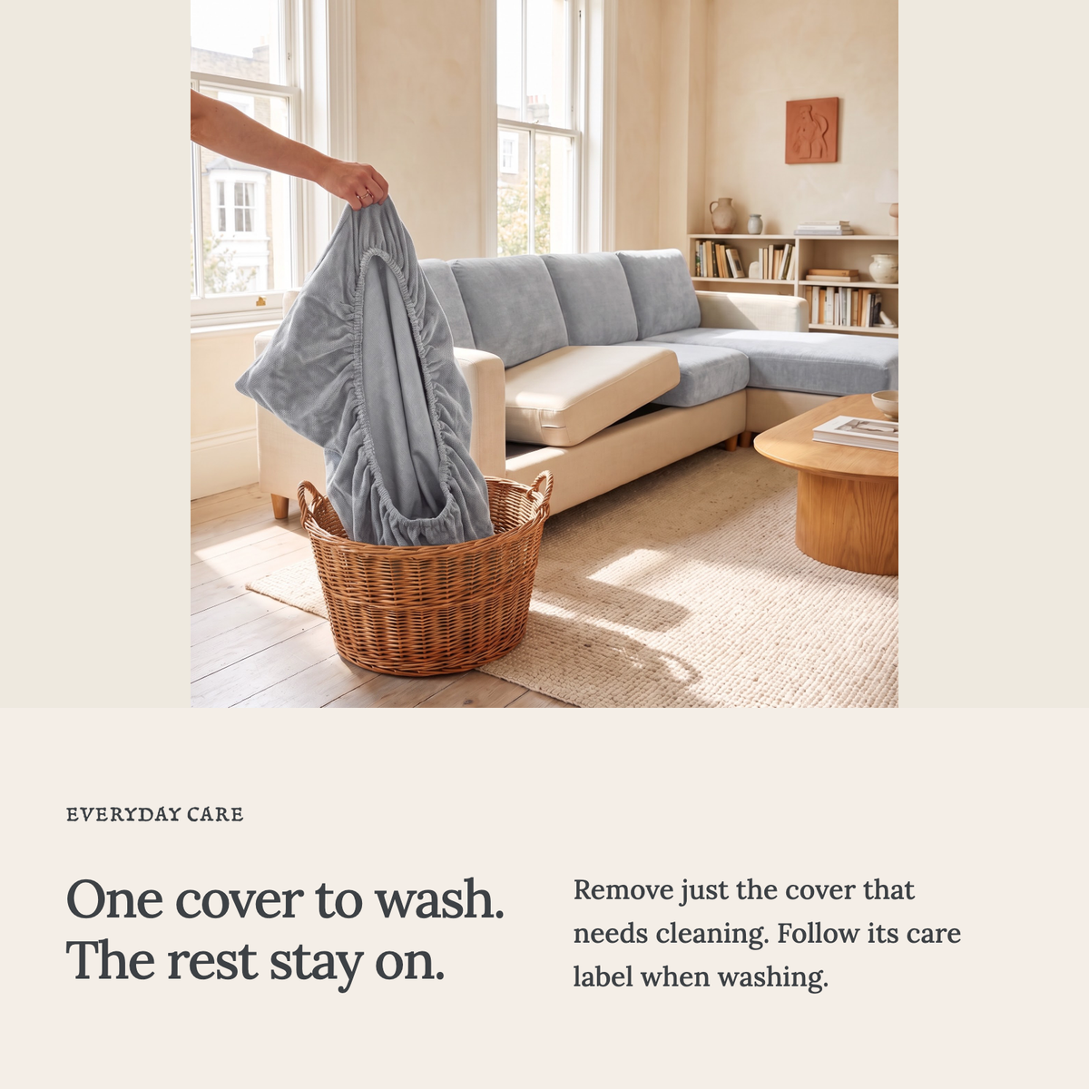 Luma Light Grey fitted sofa cushion covers — One cover to wash. The rest stay on.